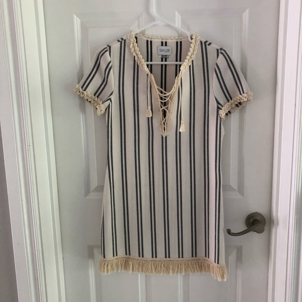 SAYLOR Cream and Black Striped Tassel-Trim Dress - Picture 1 of 11